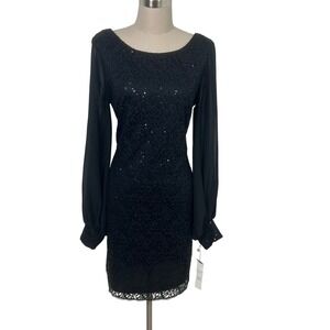 Another Thyme Black Lace Sequin Mini‎ Dress Long Sheer Sleeve Size 12 NWT